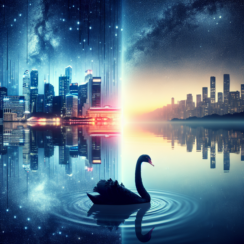Panorama que mezcla ciudad oscura y cisne negro en un solo cuadro.
